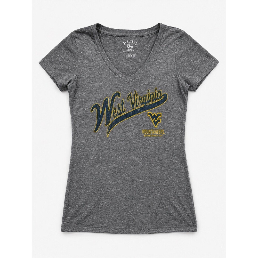 WVU West Virginia Mountaineers Blue 84 Women’s V-Neck T-Shirt Size Small Gray